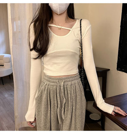 Long-Sleeve Round Neck Plain Crop T-Shirt