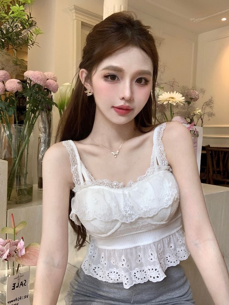 Plain Embroidered Eyelet Peplum Panel Lace Camisole Top