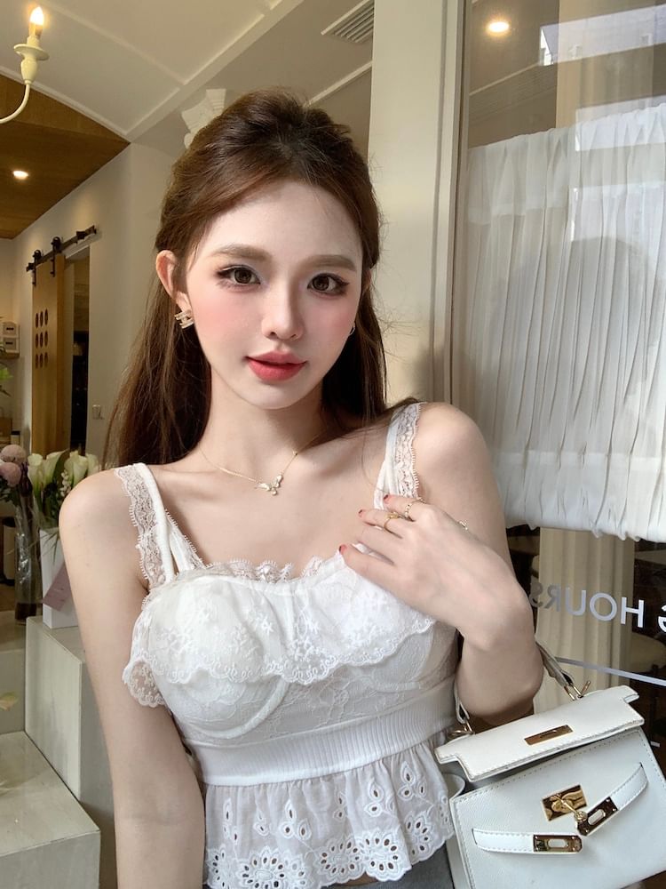 Plain Embroidered Eyelet Peplum Panel Lace Camisole Top