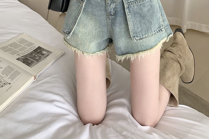 High Waist Washed Fray Mini Denim Shorts