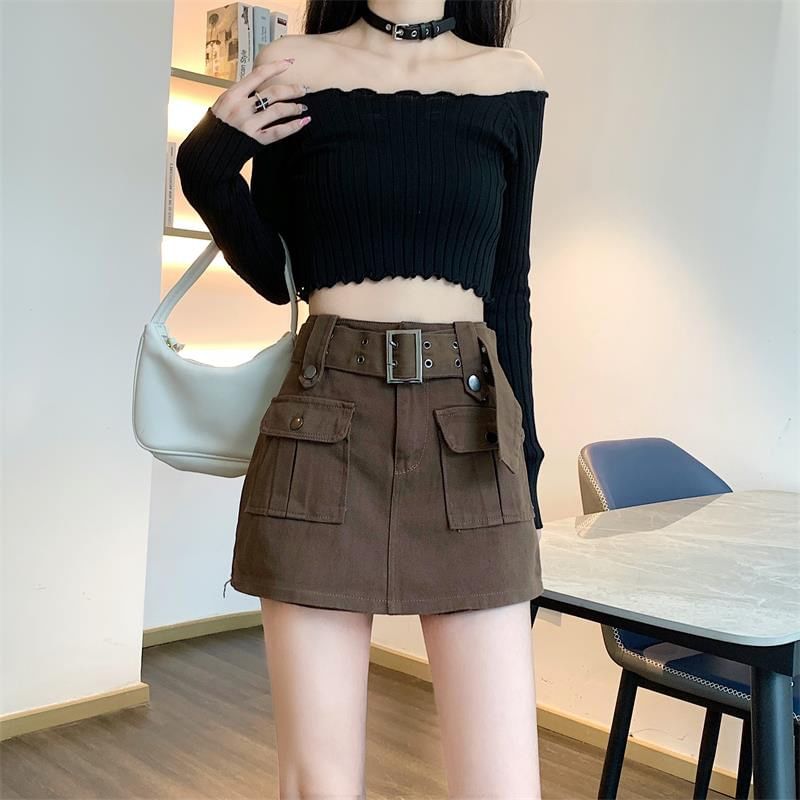 High Waist Plain Belted Mini Denim Cargo Skort