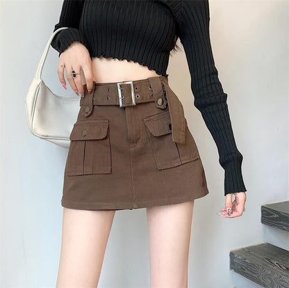 High Waist Plain Belted Mini Denim Cargo Skort