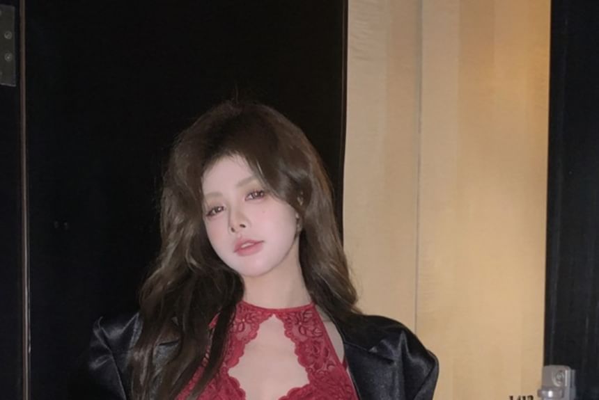 Halter Lace-Panel Cutout Bodysuit Top