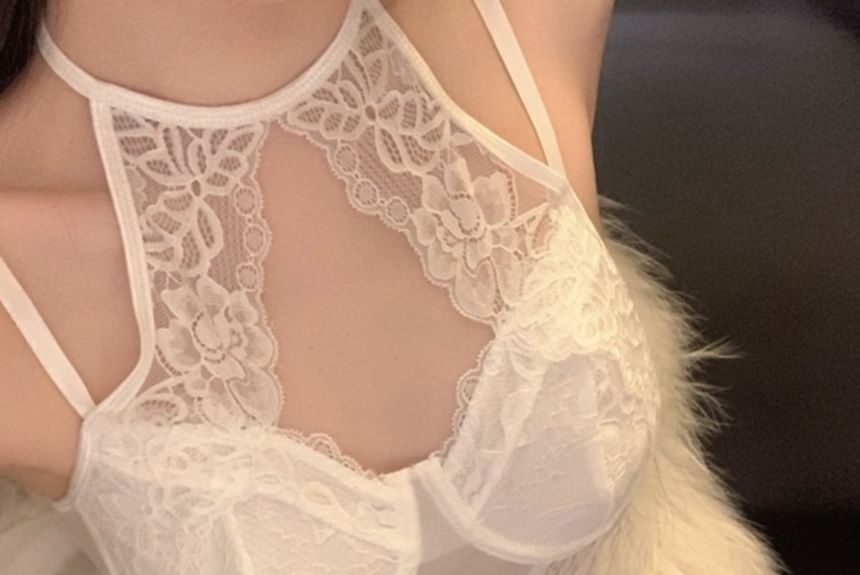 Halter Lace-Panel Cutout Bodysuit Top