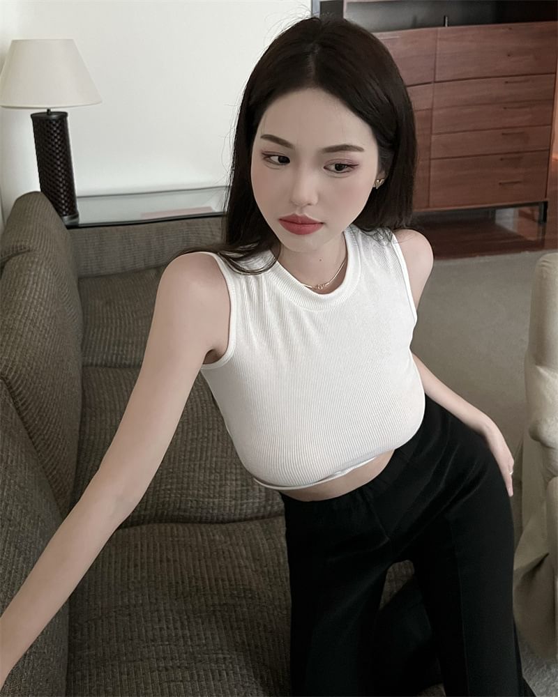 Cross Back Neck Criss Top Tank Crop Plain Tie Crew