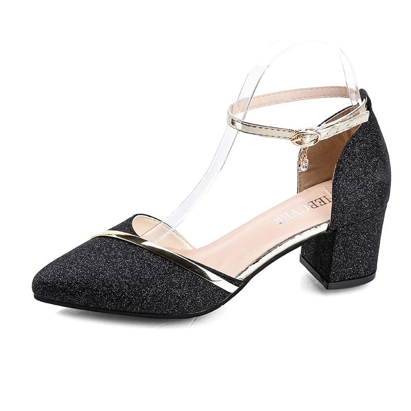 Almond Heel Sandals Toe Chunky Ankle Glitter Strap