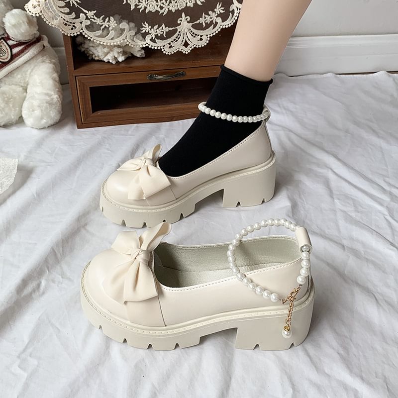 Chunky Loafers Ankle Platform Heel Bow Strap