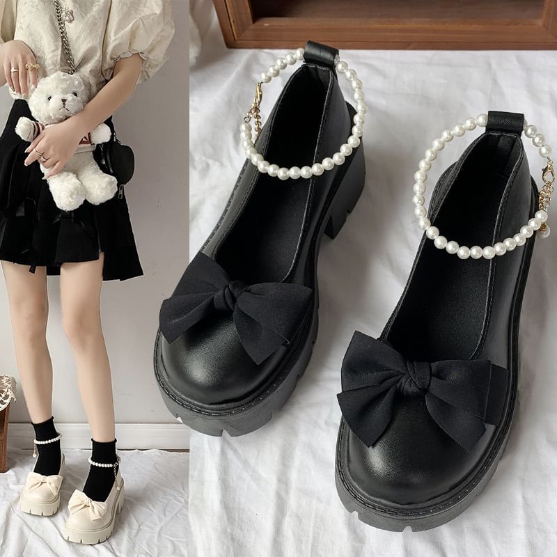 Chunky Loafers Ankle Platform Heel Bow Strap