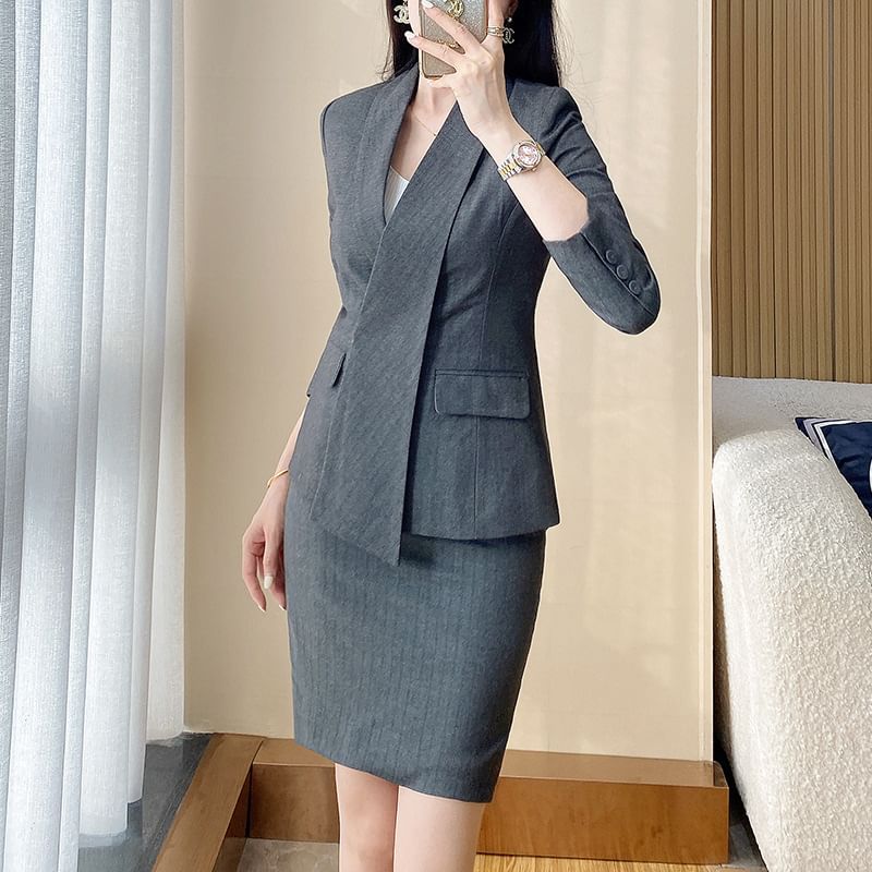 Striped Wrap Blazer with Skirt and Pants Set
