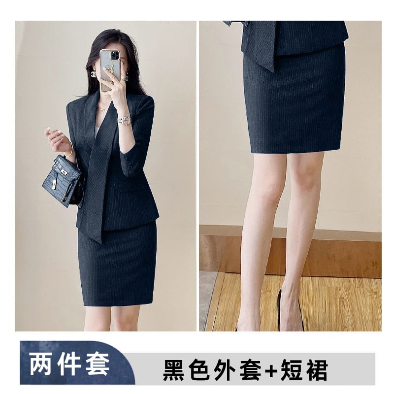 Striped Wrap Blazer with Skirt and Pants Set