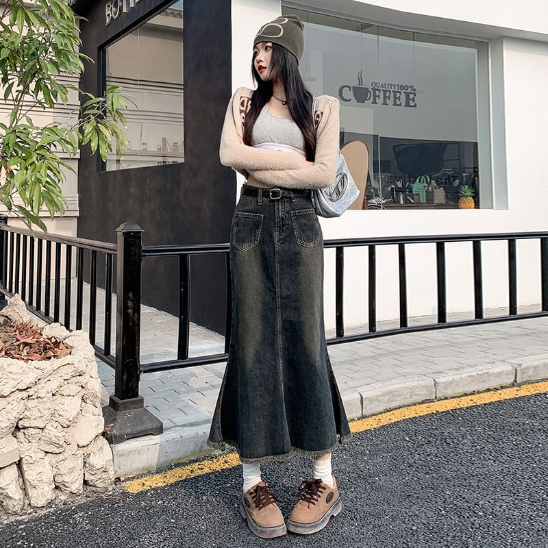 Denim Mermaid Midi Skirt with High Waist