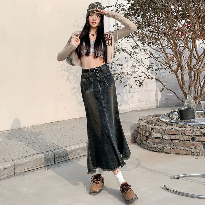 Denim Mermaid Midi Skirt with High Waist