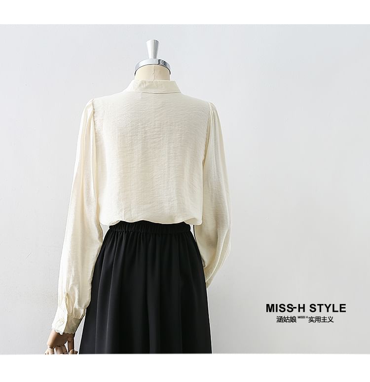 Puff-Sleeve Lace-Panel Button-Front Blouse