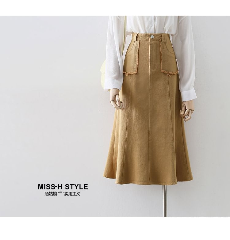 Tassel Trim Denim A-Line Midi Skirt with High Waist