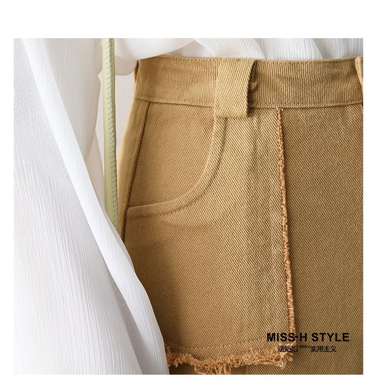 Tassel Trim Denim A-Line Midi Skirt with High Waist