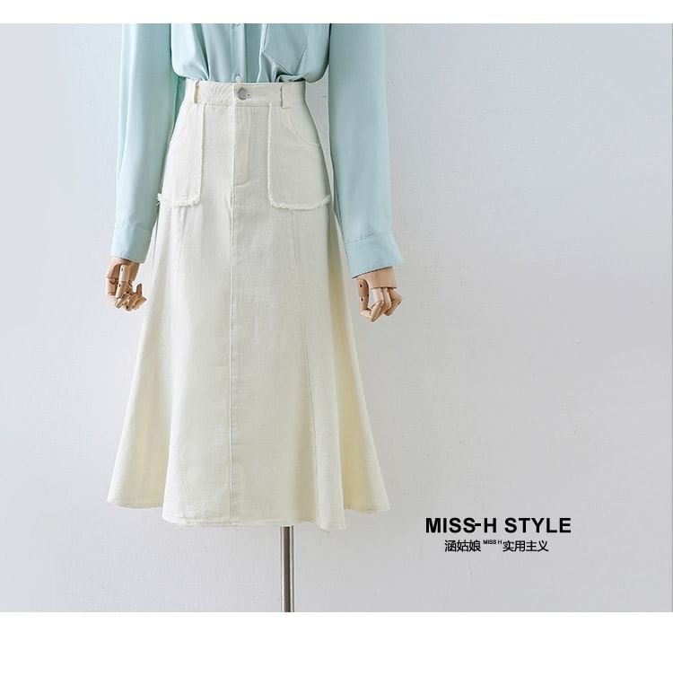 Tassel Trim Denim A-Line Midi Skirt with High Waist