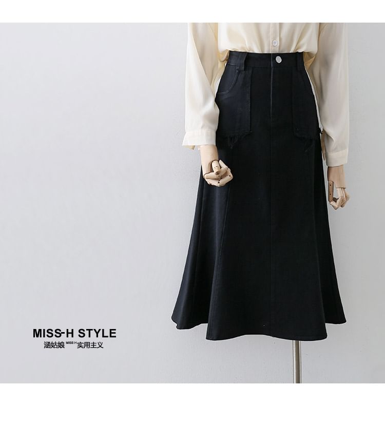Tassel Trim Denim A-Line Midi Skirt with High Waist
