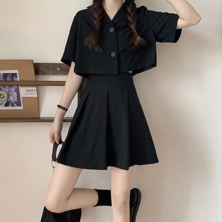 Crop Shirt and Pleated Mini Skirt Outfit Set