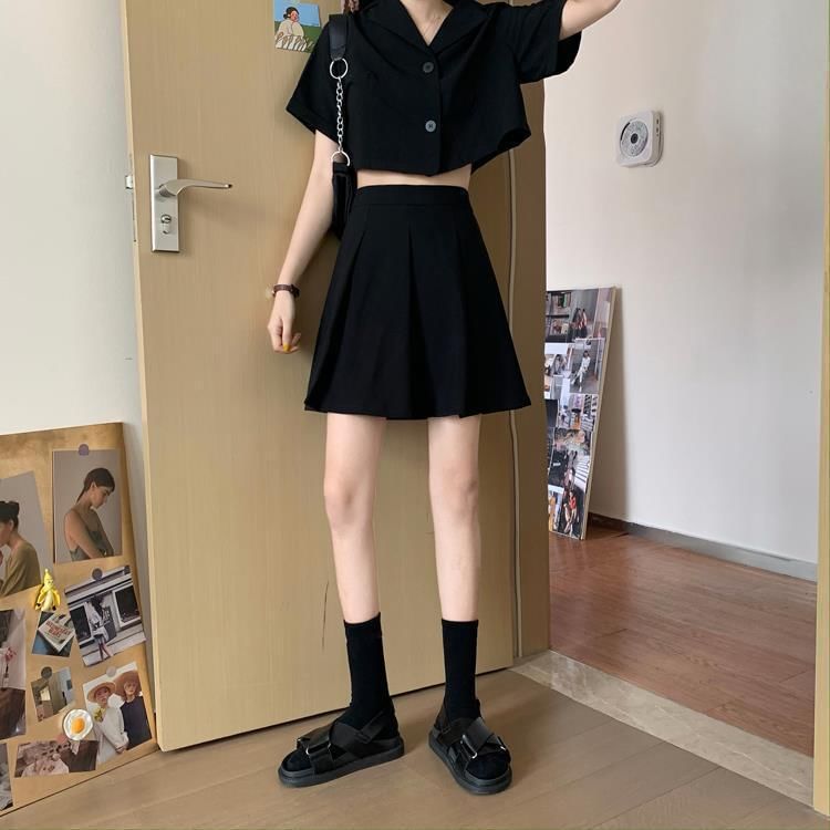 Crop Shirt and Pleated Mini Skirt Outfit Set