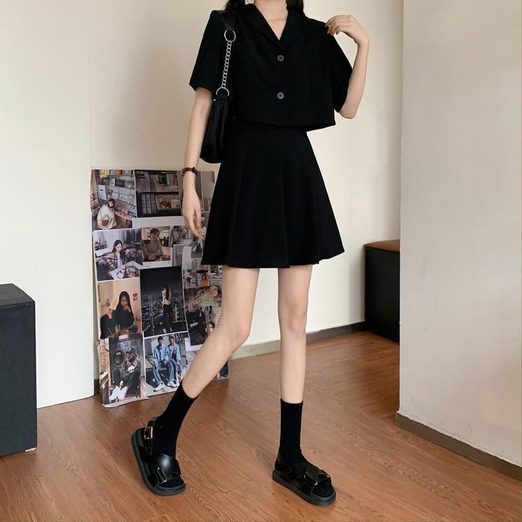 Crop Shirt and Pleated Mini Skirt Outfit Set