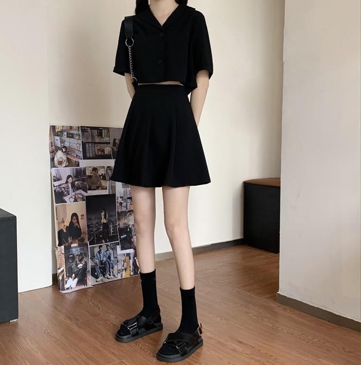 Crop Shirt and Pleated Mini Skirt Outfit Set