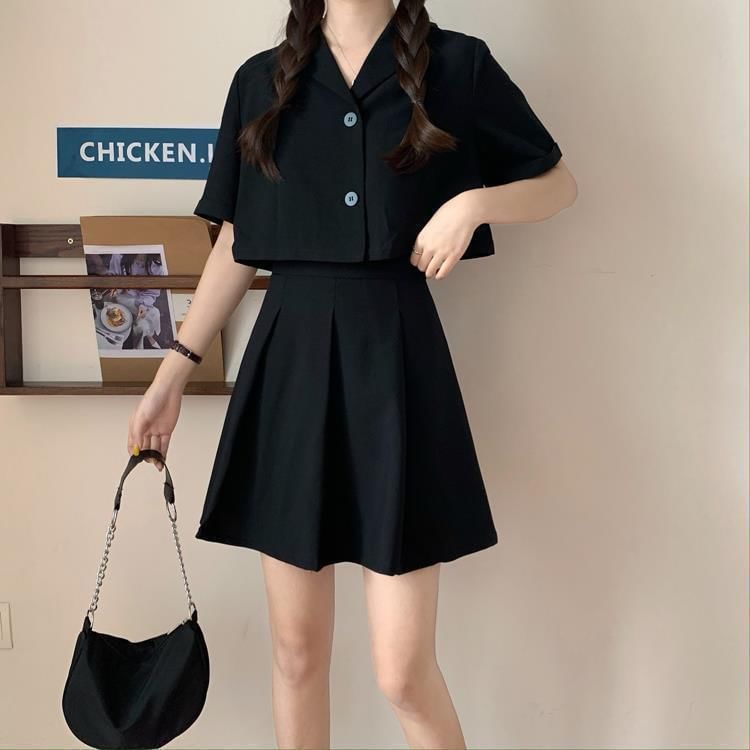 Crop Shirt and Pleated Mini Skirt Outfit Set