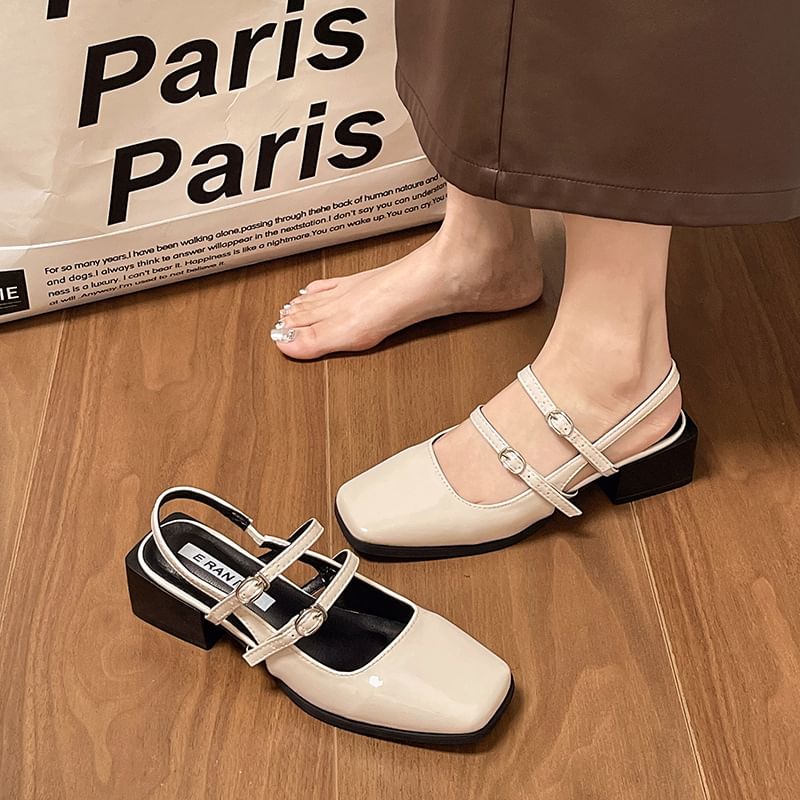 Sandals Heel Buckled Square-Toe Block Slingback