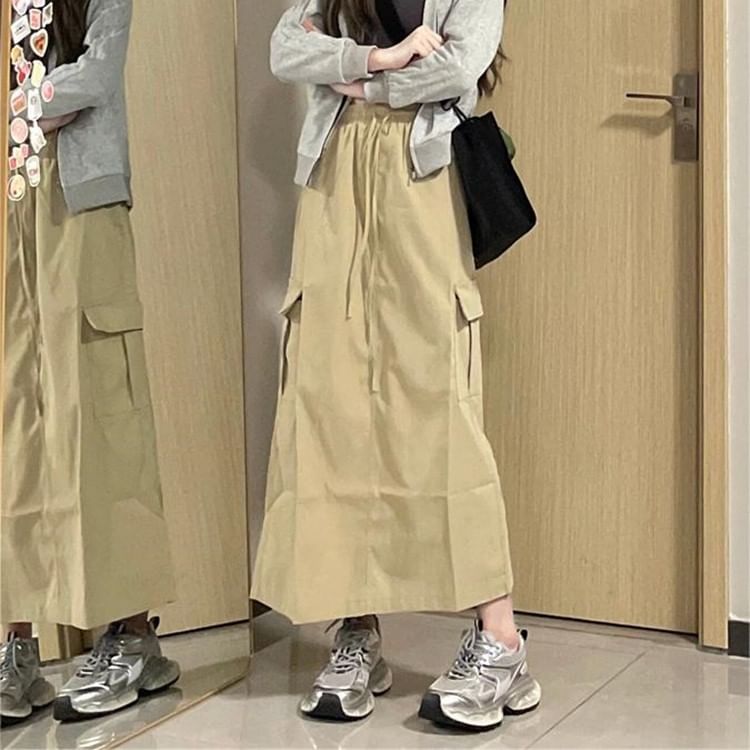 Stand Collar Plain Zip-Up Jacket / High Waist Maxi A-Line Cargo Skirt