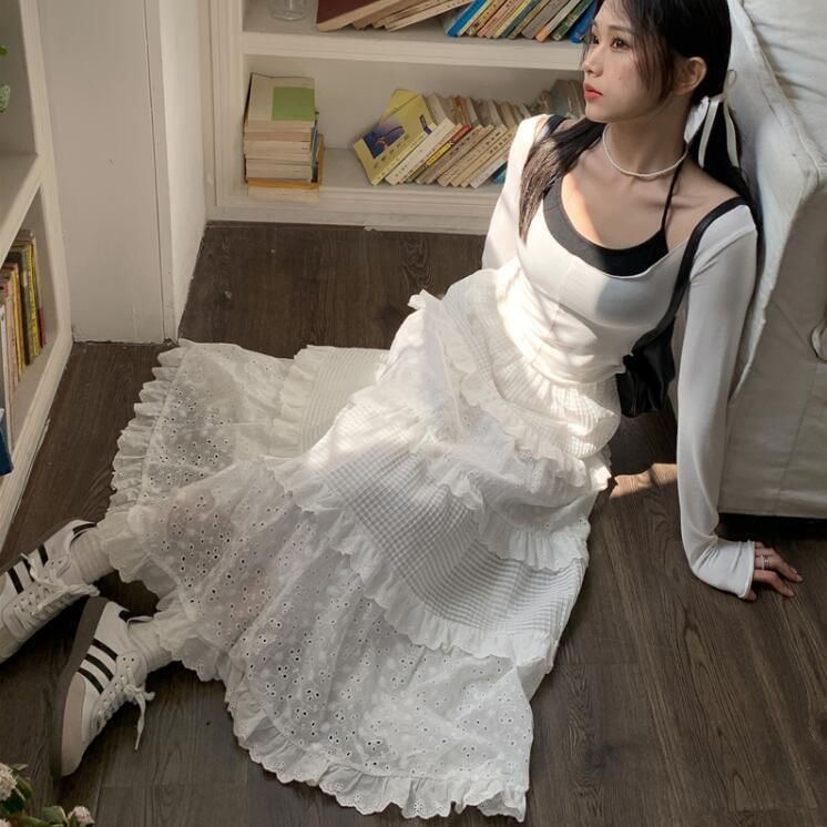 Cutout Layered A-Line Midi Skirt with Mid Waist