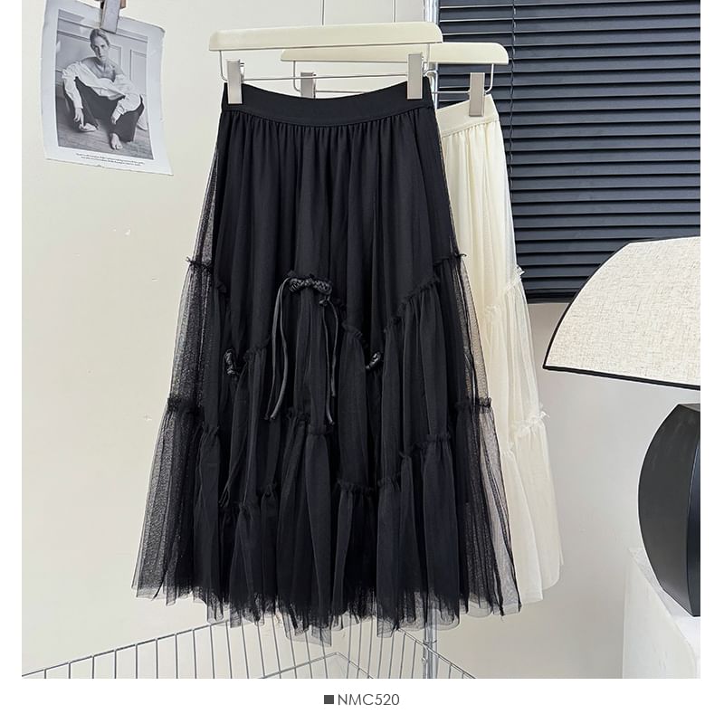 Frog Button Mesh A-Line Skirt with Elastic Waist