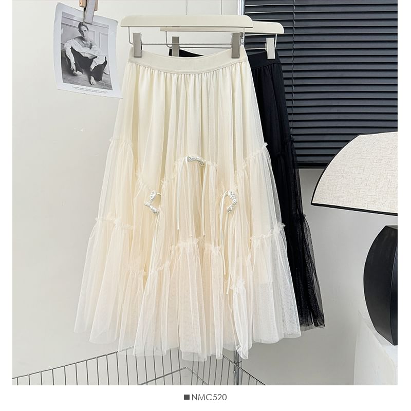 Frog Button Mesh A-Line Skirt with Elastic Waist
