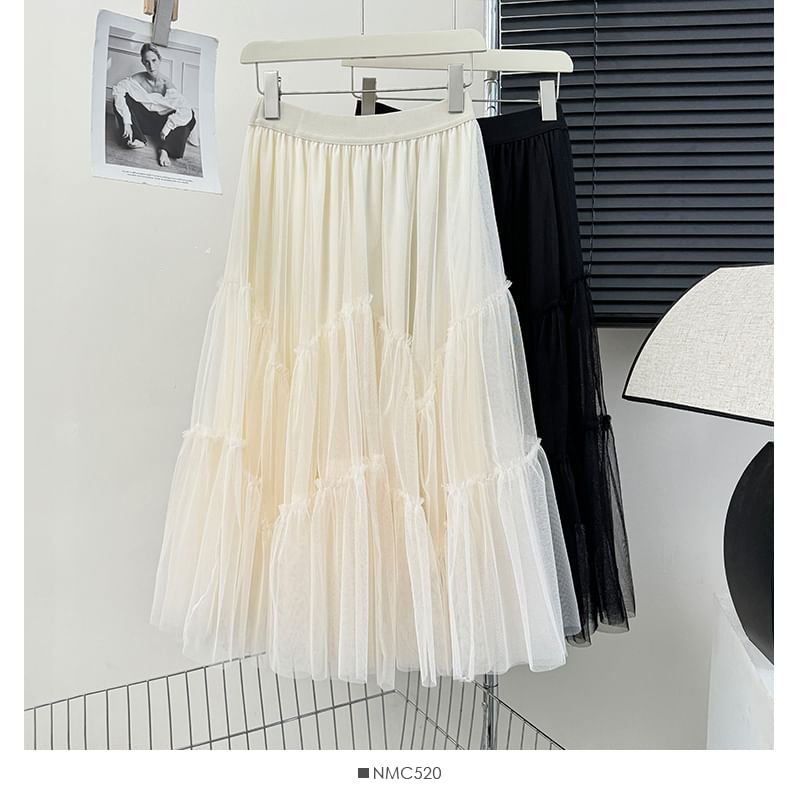 Frog Button Mesh A-Line Skirt with Elastic Waist