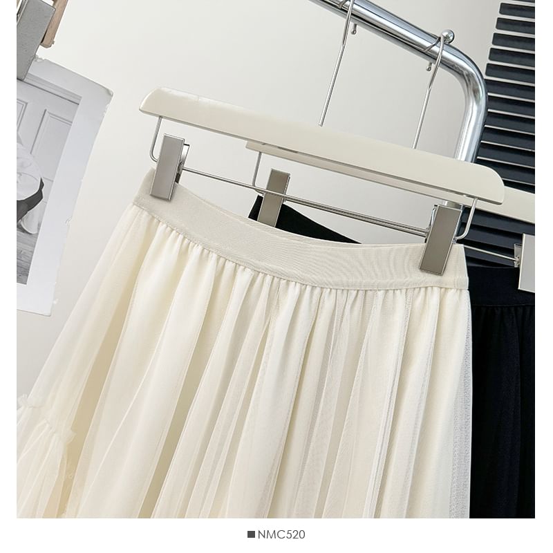 Frog Button Mesh A-Line Skirt with Elastic Waist