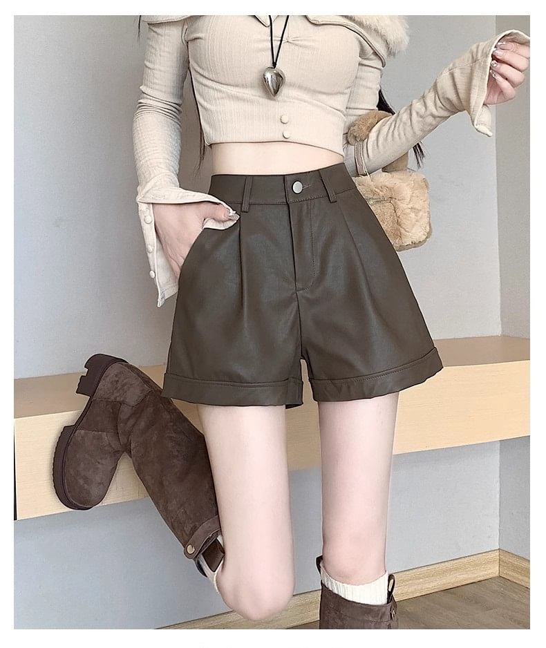 Leather Shorts Waist High Plain Faux