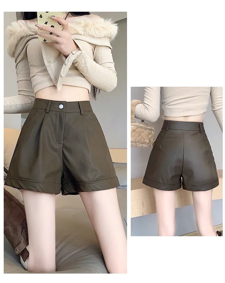Leather Shorts Waist High Plain Faux