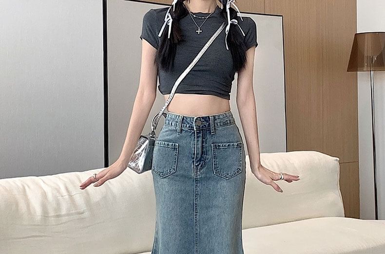 Mermaid Denim High Fray Waist Washed Midi Skirt