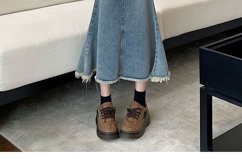 Mermaid Denim High Fray Waist Washed Midi Skirt