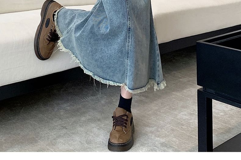 Mermaid Denim High Fray Waist Washed Midi Skirt