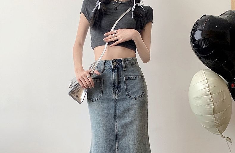 Mermaid Denim High Fray Waist Washed Midi Skirt