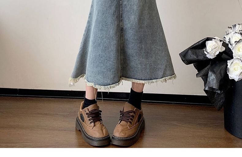 Mermaid Denim High Fray Waist Washed Midi Skirt