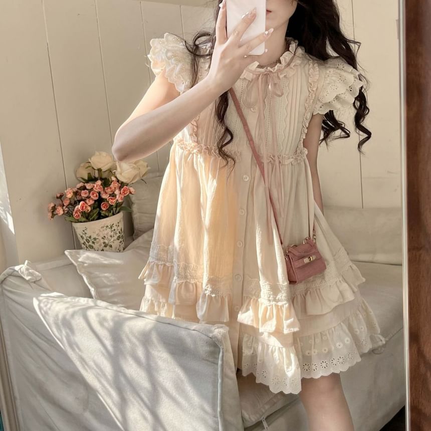 Cap Sleeve Ruffle Dress Round Bow Neck Embroidered Mini A-Line