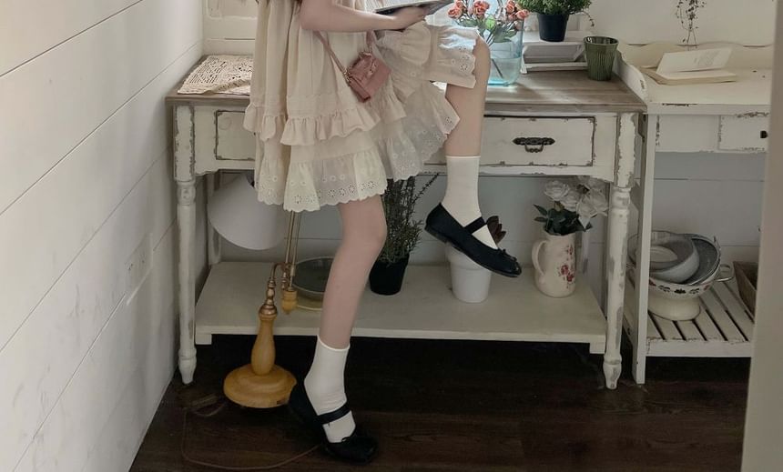 Cap Sleeve Ruffle Dress Round Bow Neck Embroidered Mini A-Line