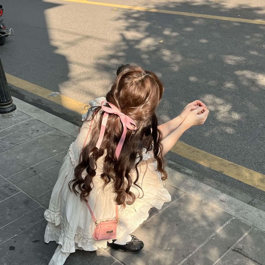 Cap Sleeve Ruffle Dress Round Bow Neck Embroidered Mini A-Line