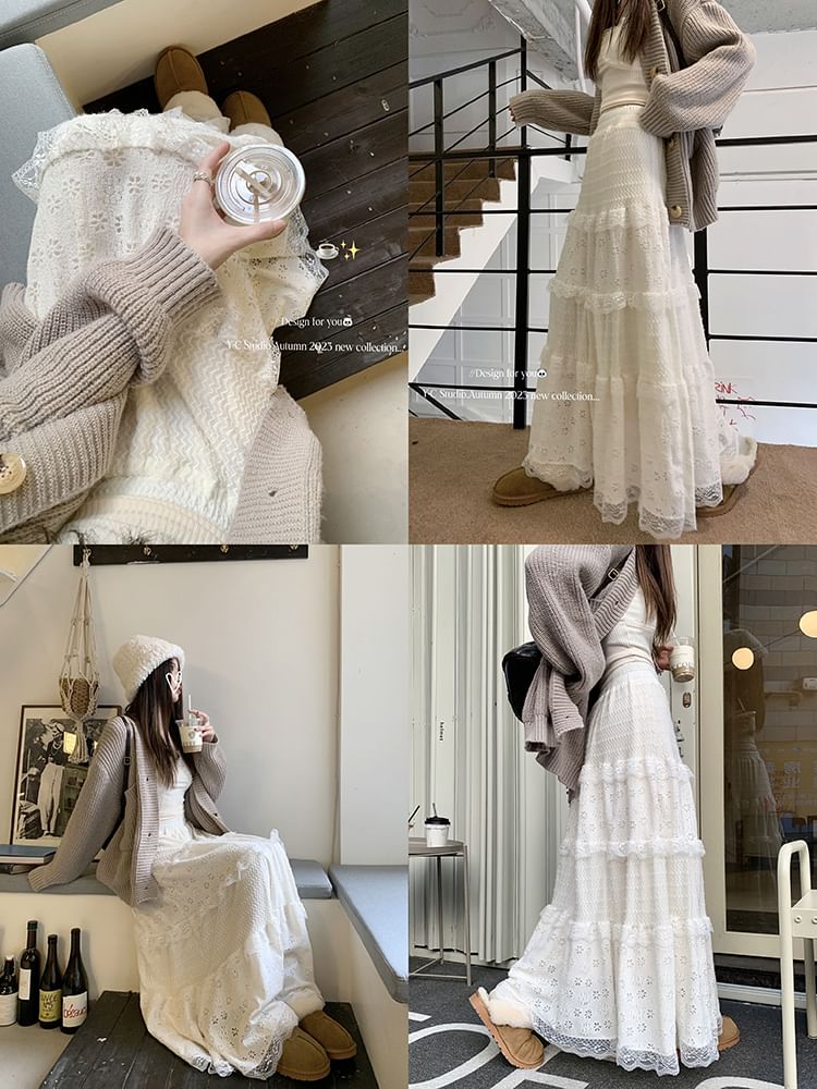 Ruffle Panel Maxi A-Line Skirt with Elastic Waist