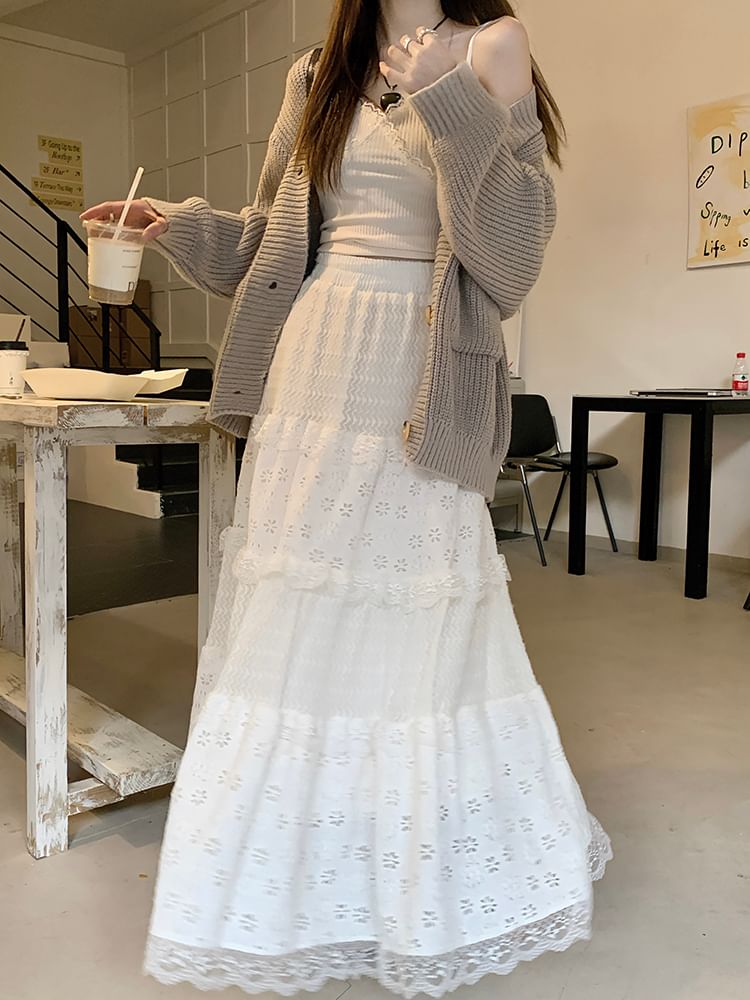 Ruffle Panel Maxi A-Line Skirt with Elastic Waist