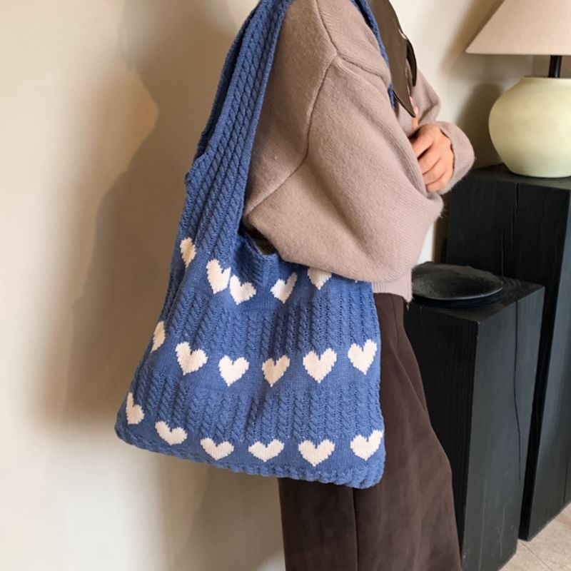 Heart Jacquard Knit Tote Bag