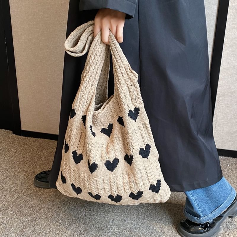 Heart Jacquard Knit Tote Bag