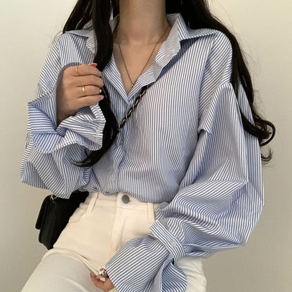 Puff-Sleeve Striped Button-Up Blouse