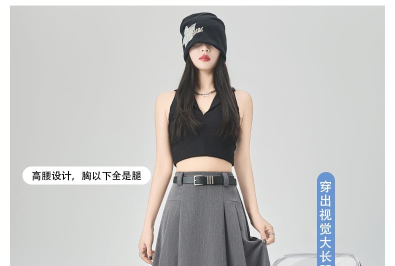 Pleated A-Line Midi Skirt with High Waist