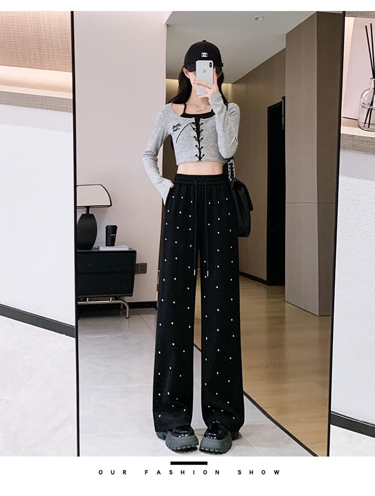 High Waist Rhinestone Wide Leg Pants